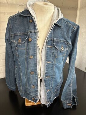 Blue Denim Jean Jacket with Gray Hooded Layer